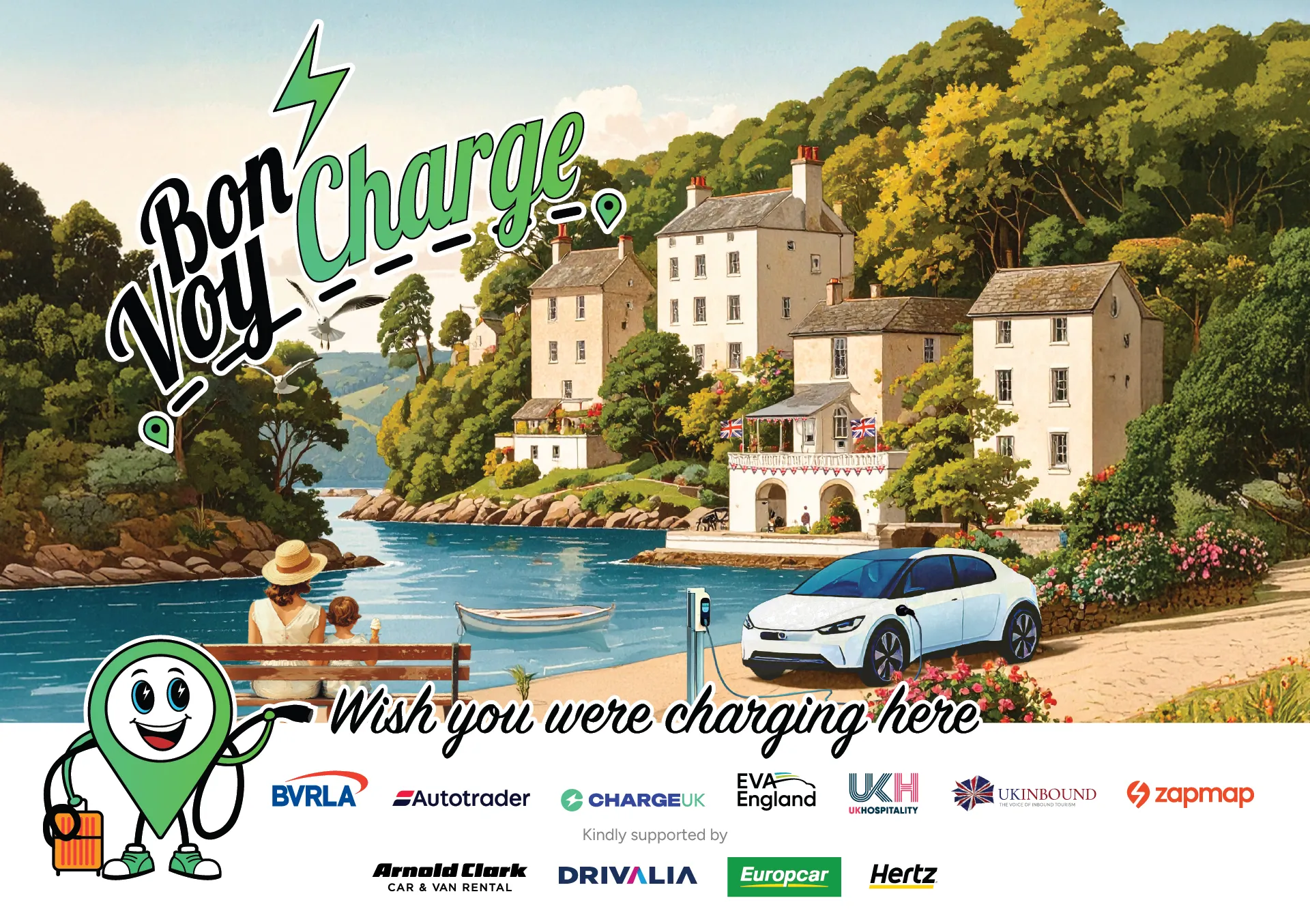 Bon VoyCharge campaign postcard, showing an EV charging by a lake with a woman and child sat on a bench eating ice cream. The campaign partner logos are displayed alongside our campaign mascot and the tagline  'Wish you were charging here'